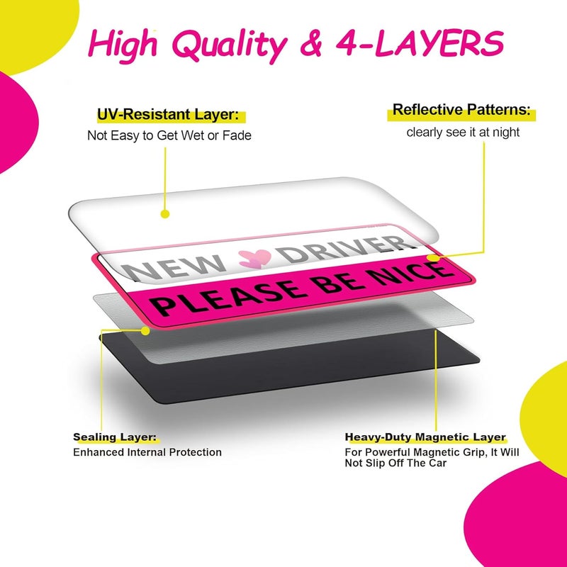 HAP FUNN Student Driver Magnet for Car, 3pcs Funny New Driver Magnet Sticker for Car, Cute Pink Reflective Magnetic Bumper Sticker, Removable Safety Rookie Attention Sign - Image 2